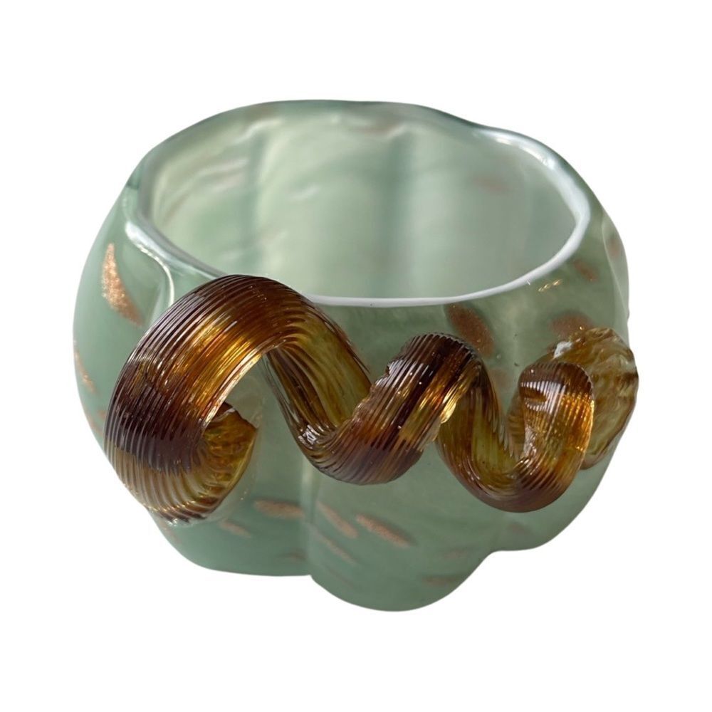 Hand Blown Art Glass Deco Pumpkin Bowl Vase Green Swirl  Metallic Accents NWT